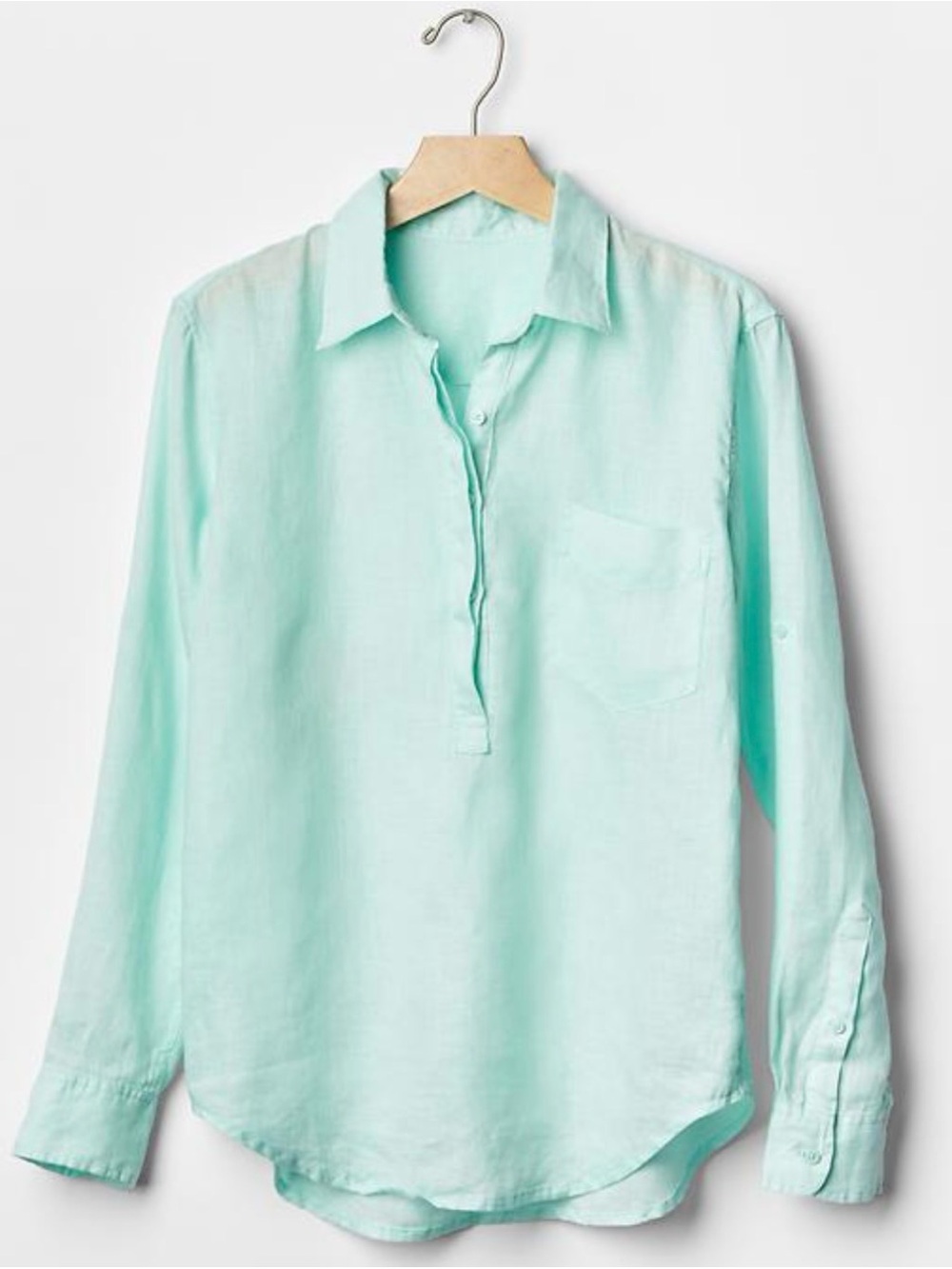 GAP Collared Long Sleeve Linen Henley in Aqua Green Size L *READ*